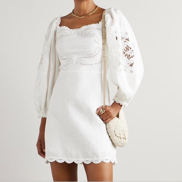 Farm Rio Dress Large White Mini Puff Sleeve Embroidered Linen Cottagecore Boho - Picture 2 of 16